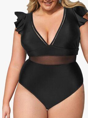 CUPSHE Women's One Piece Plus Size Black V Neck Ruffle Mesh Bathing Suit